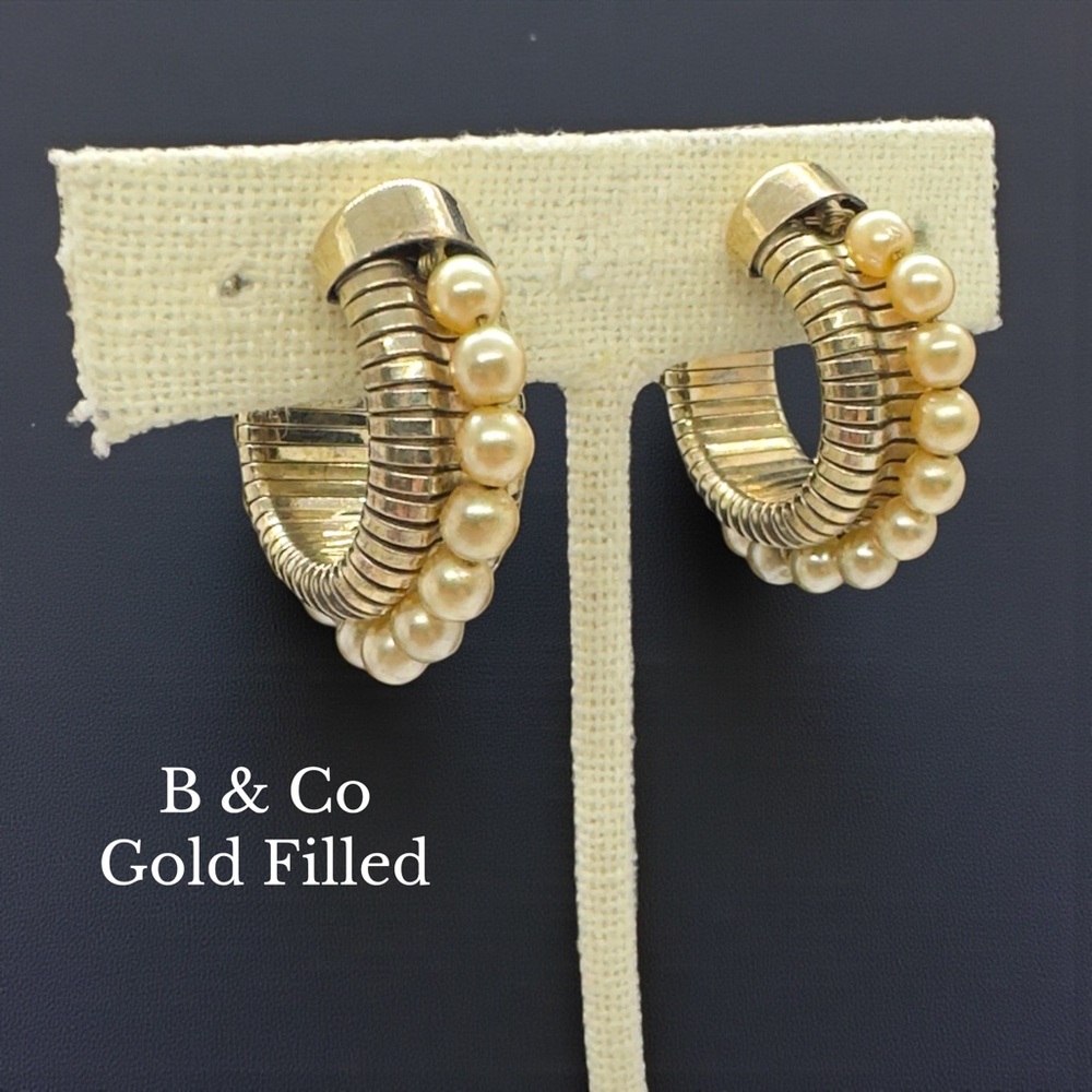 Rare Vintage Bliss Brothers Gold Filled Serpentine & Faux Pearl Cubby Earrings